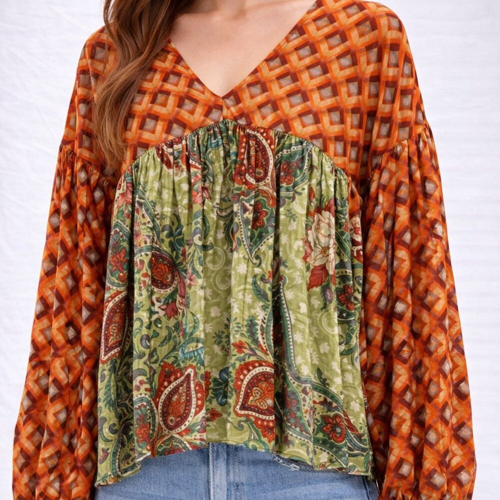 RRB Cotton Top | Mixed Paisley and Geometric Print |‎ Orange | Sz. Small